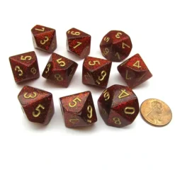 Dice>Pack of 10 Chessex Glitter D10 Dice - Ruby Red with Gold Numbers - Your Source for Gaming Essentials