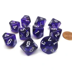 Dice>Pack Of 10 Chessex Translucent 10 Sided D10 Dice - Purple with White Numbers - Your Source for Gaming Essentials