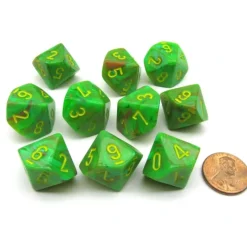 Dice>Pack of 10 Chessex Vortex D10 Dice - Slime with Yellow Numbers - Your Source for Gaming Essentials