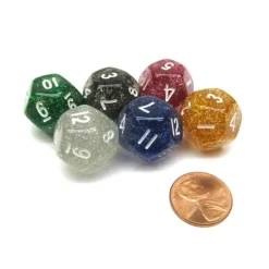 Dice>Pack of 6 D12 Glitter Dice - Black, Blue, Clear, Green, Purple, Yellow - Your Source for Gaming Essentials