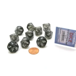 Dice>Pack of 10 D10 Glitter Dice in Display Case- Black with White Numbers - Your Source for Gaming Essentials