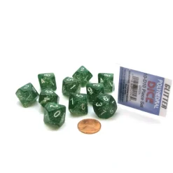 Dice>Pack of 10 D10 Glitter Dice in Display Case- Green with White Numbers - Your Source for Gaming Essentials