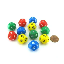 Dice>Pack of 12 D12 Jester Dice Numbered 0 to 10 - 3 Each of Green Red Yellow Blue - Your Source for Gaming Essentials