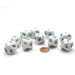 Dice>Pack of 10 D10 20mm Dice Numbered 1 to 10 - White with Blue Numbers - Your Source for Gaming Essentials