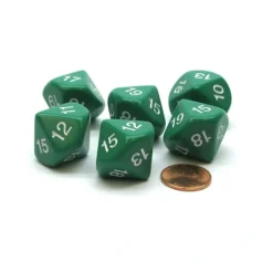 Dice>Pack of 6 D10 20mm Numbered 10 to 19 Dice - Green with White - Your Source for Gaming Essentials
