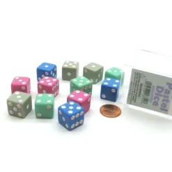 Dice>Pack of 12 D6 16mm Pastel Dice in Storage Case - Assorted Colors with White Pips - Your Source for Gaming Essentials