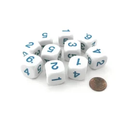Dice>Pack of 10 D6 20mm Round Opaque Numbered 1 to 6 Dice - White with Blue Numbers - Your Source for Gaming Essentials