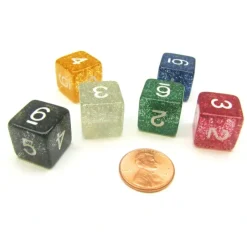 Dice>Pack of 6 D6 Number Glitter Dice - Black, Blue, Clear, Green, Purple, Yellow - Your Source for Gaming Essentials