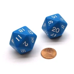 Dice>Pack of 2 D20 Opaque 29mm Jumbo Dice - Blue with White Numbers - Your Source for Gaming Essentials