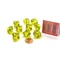 Dice>Pack of 10 D10 Transparent Dice in Display Case - Yellow with Black Numbers - Your Source for Gaming Essentials