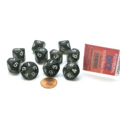 Dice>Pack of 10 D10 Transparent Dice in Case - Smoke (Black) with White Numbers - Your Source for Gaming Essentials