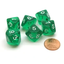 Dice>Pack of 6 D10 Transparent 10-Sided Dice - Green with White Numbers - Your Source for Gaming Essentials