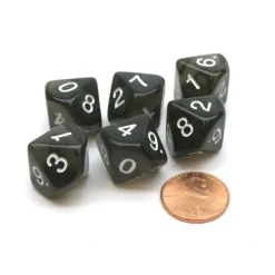 Dice>Pack of 6 D10 Transparent 10-Sided Dice - Smoke (Black) with White Numbers - Your Source for Gaming Essentials