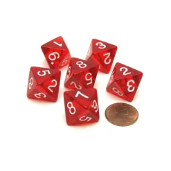 Dice>Pack of 6 D8 Transparent 8-Sided Dice - Red with White Numbers - Your Source for Gaming Essentials