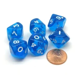 Dice>Pack of 6 D10 Transparent 10-Sided Dice - Blue with White Numbers - Your Source for Gaming Essentials