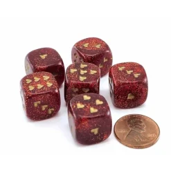 Dice>Pack of 6 Heart Dice, Glitter 16mm D6 Dice - Ruby Red with Gold Hearts - Your Source for Gaming Essentials
