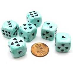 Dice>Pack of 6 Heart 'Ice Cream' 16mm D6 Chessex Dice - Green with Black Hearts - Your Source for Gaming Essentials