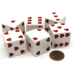 Dice>Pack of 6 Heart Pip D6 25mm Large Jumbo Love Dice - White with Red Hearts - Your Source for Gaming Essentials