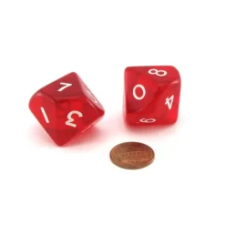 Dice>Pack of 2 Jumbo 25mm D10 (0-9) Transparent Dice - Red with White Numbers - Your Source for Gaming Essentials
