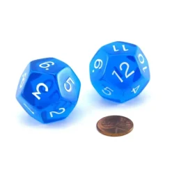 Dice>Pack of 2 Jumbo 29mm D12 Transparent Dice - Blue with White Numbers - Your Source for Gaming Essentials