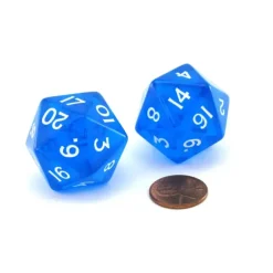 Dice>Pack of 2 Jumbo 29mm D20 Transparent Dice - Blue with White Numbers - Your Source for Gaming Essentials