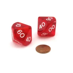 Dice>Pack of 2 Jumbo 25mm Tens D10 (00-90) Transparent Dice - Red with White Numbers - Your Source for Gaming Essentials
