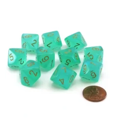 Dice>Pack of 10 Luminary Borealis 16mm D10 Dice - Light Green with Gold Numbers - Your Source for Gaming Essentials