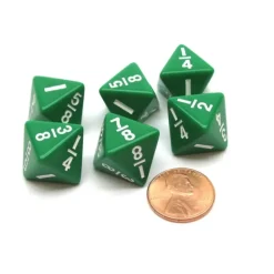Dice>Pack of 6 Math Dice 8-Sided Fraction: 1/8 to 1 - Green with White - Your Source for Gaming Essentials