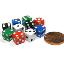 Dice>Pack of 10 8mm D6 Small Square-Edge Dice, 2 of Each: Red White Blue Green Black - Your Source for Gaming Essentials