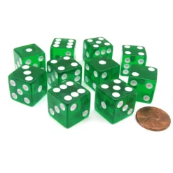 Dice>Pack of 10 16mm D6 Square Edge Transparent Dice - Green with White Pips - Your Source for Gaming Essentials