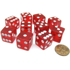 Dice>Pack of 10 16mm D6 Square Edge Transparent Dice - Red with White Pips - Your Source for Gaming Essentials