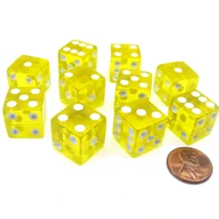 Dice>Pack of 10 16mm D6 Square Edge Transparent Dice - Yellow with White Pips - Your Source for Gaming Essentials