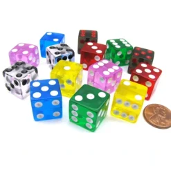 Dice>Pack of 14 16mm D6 Transparent Dice- 2 of Red Clear Green Black Blue Pink Yellow - Your Source for Gaming Essentials