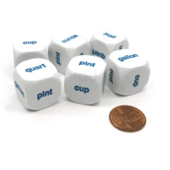 Dice>Pack of 6 20mm Educational Capacity Dice - Ounce Cup Pint (x2) Quart Gallon - Your Source for Gaming Essentials