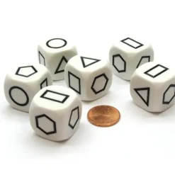 Dice>Pack of 6 22mm Opaque Shapes Attribute Dice - White with Black Shapes - Your Source for Gaming Essentials