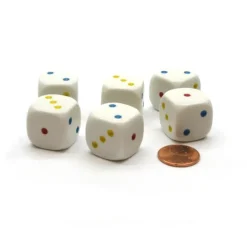 Dice>Pack of 6 20mm 6-Sided D3 Dice Numbered 1-3 Twice - White with Multicolored Pips - Your Source for Gaming Essentials