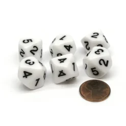 Dice>Pack of 6 16mm 10-Sided D5 Numbered 1 to 5 Twice Dice - White with Black - Your Source for Gaming Essentials