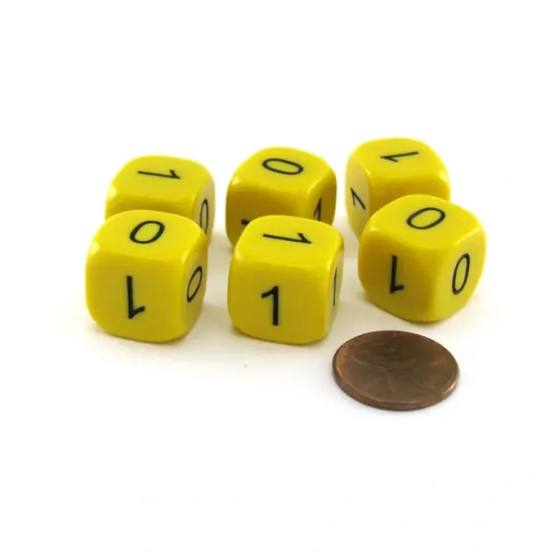 Dice>Pack of 6 Round Corner Binary Math (0, 1) 16mm Dice - Yellow with Black - Your Source for Gaming Essentials