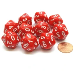 Dice>Pack of 10 20-Sided D10 Dice Numbered 0-9 Twice - Red with White Numbers - Your Source for Gaming Essentials