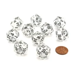 Dice>Pack of 10 Transparent 20 Sided D20 20mm Dice - Clear - Your Source for Gaming Essentials