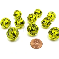 Dice>Pack of 10 Transparent 12 Sided D12 20mm Dice - Yellow - Your Source for Gaming Essentials