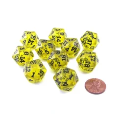 Dice>Pack of 10 Transparent 20 Sided D20 20mm Dice - Yellow - Your Source for Gaming Essentials