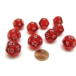 Dice>Pack of 10 Transparent 12 Sided D12 20mm Dice - Red - Your Source for Gaming Essentials