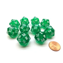 Dice>Pack of 10 Transparent 20 Sided D20 20mm Dice - Green - Your Source for Gaming Essentials