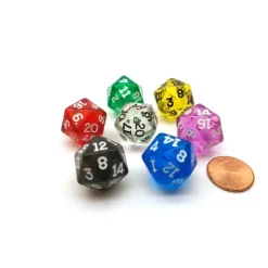 Dice>Pack of 7 Transparent D20 20mm Dice - Blue Clear Green Orchid Red Smoke Yellow - Your Source for Gaming Essentials