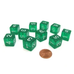 Dice>Pack of 10 Transparent 6-Sided D6 16mm Numbered Dice - Green - Your Source for Gaming Essentials