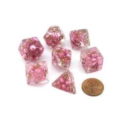 Dice>Pearl Resin 16mm 7-Die Polyhedral Dice Set - Pink with Copper Numbers - Your Source for Gaming Essentials