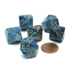 Dice>Phantom 16mm Tens D10 (00-90) Chessex Dice, 6 Pieces - Teal with Gold Numbers - Your Source for Gaming Essentials