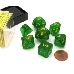 Dice>Polyhedral 7-Die Borealis Chessex Dice Set - Maple Green with Yellow Numbers - Your Source for Gaming Essentials