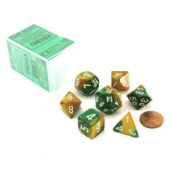 Dice>Polyhedral 7-Die Gemini Chessex Dice Set - Gold-Green with White Numbers - Your Source for Gaming Essentials